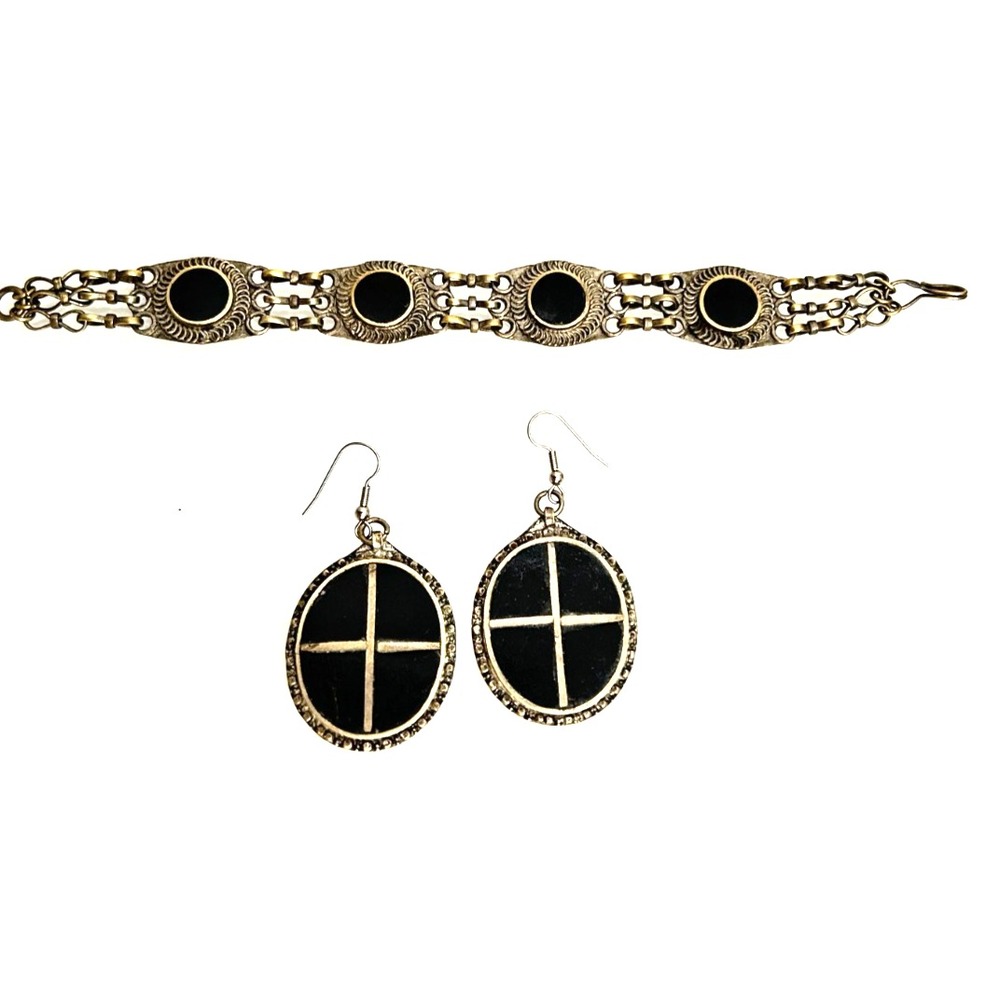 Vintage Black Onyx Matte Stone Earring Bracelet Set Silver Tone 90s Gothic Boho